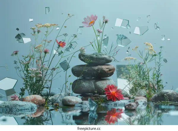 Flowers growing through broken glass