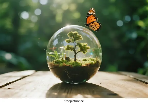 A Small Glass Terrarium with Miniature Tree and Butterfly