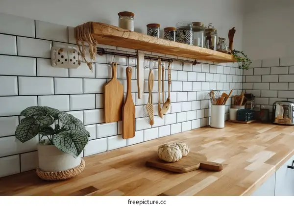 Rustic Kitchen Countertop with Wooden Utensils and Plants