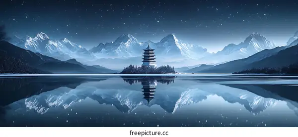 Majestic Mountain Lake at Night with Pagoda