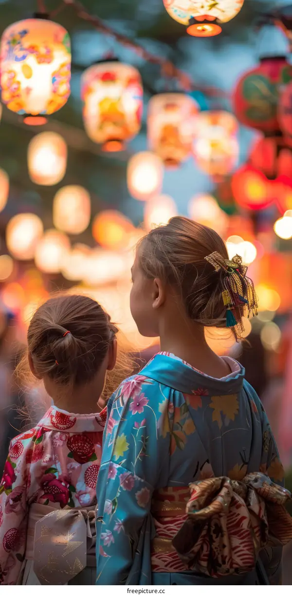 Two young girls wearing kimono浴衣at a Japanese summer festival