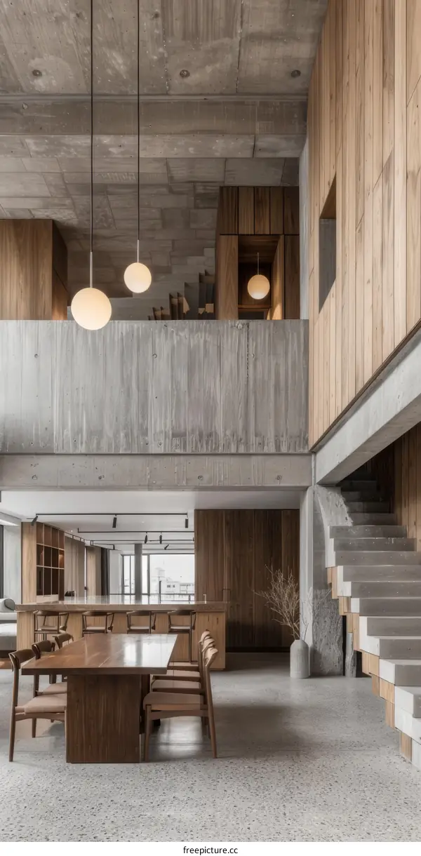 Contemporary House Interior Architecture with Rustic Wooden and Concrete Elements