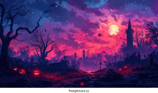 A spooky Halloween night with a full moon and bats flying in the sky