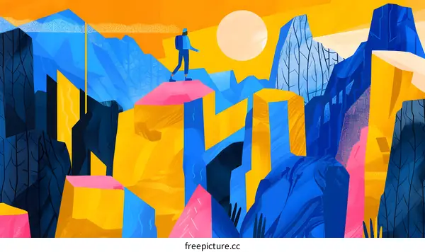 Abstract Mountain Landscape with Person Standing on a Cliff