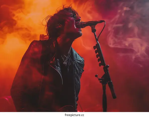 Rock Singer Performing Live on Stage with Red Smoke in Background