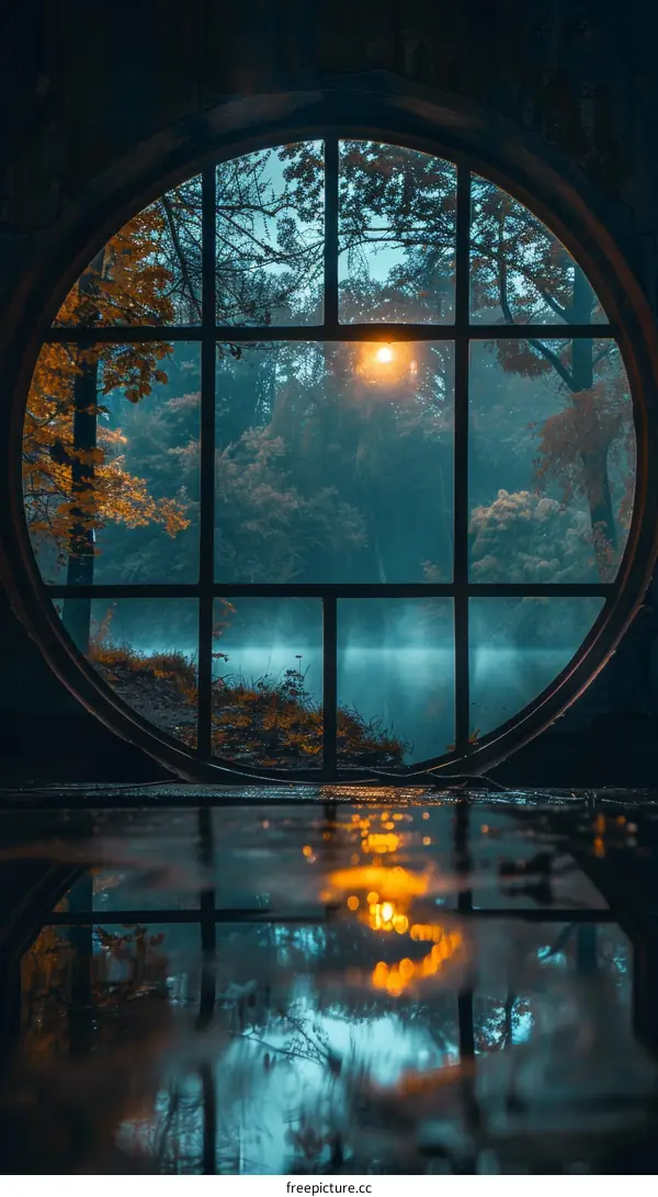 Round Window with Sunset View over Forest and Lake
