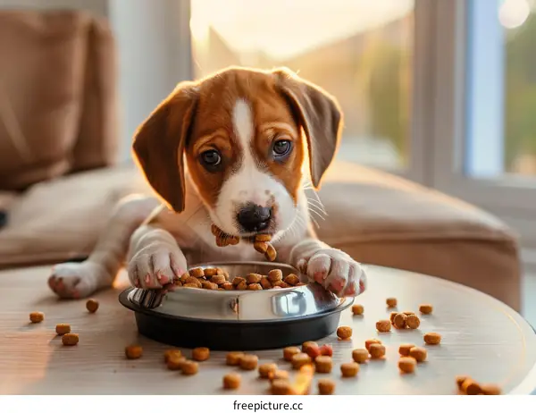 A cute puppy eating food from a bowl