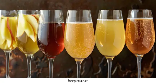 Five Glasses Of Sparkling Apple Cider