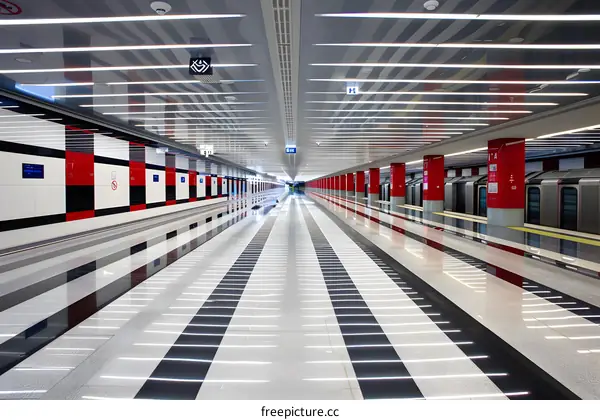 Modern Subway Station Interior With Red And Black Tile