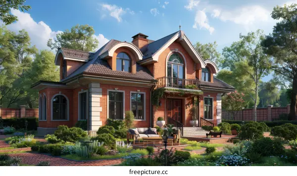 A beautiful house with a red roof and a large garden
