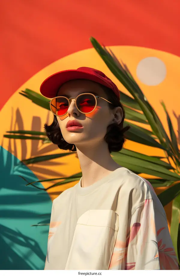 Fashionable Woman Wearing Red Sunglasses and a Red Cap in Front of Colorful Geometric Shapes