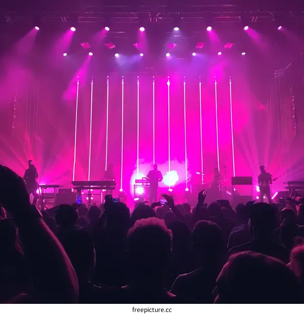 The crowd at a concert is lit up by pink lights.