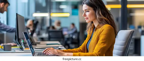 Young Woman Working On Laptop In Office