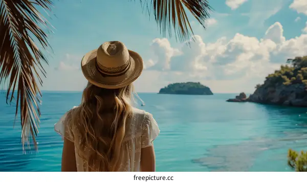 Woman in a Straw Hat Looking at the Ocean View