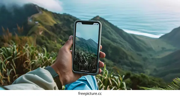 Man Holding Phone Taking Picture Of Mountains and Ocean