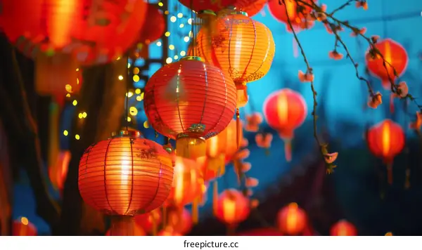 Red paper lanterns hanging from a tree in celebration of the Chinese New Year.