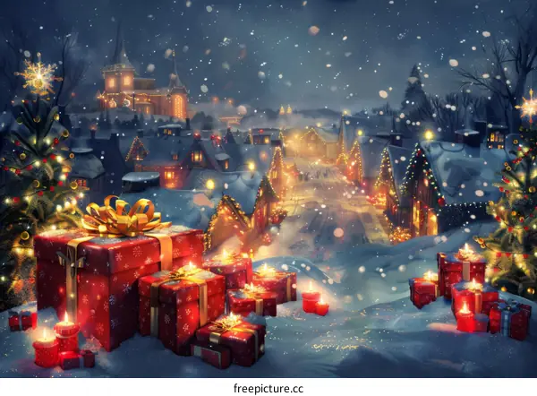 Christmas Street Scene with Snowy Houses and Lights