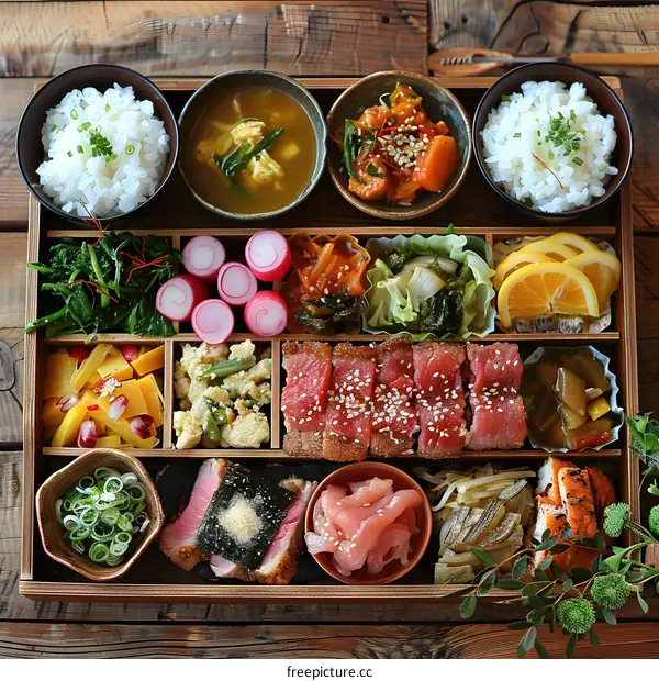 A delicious and healthy Japanese meal with steak, rice, and vegetables