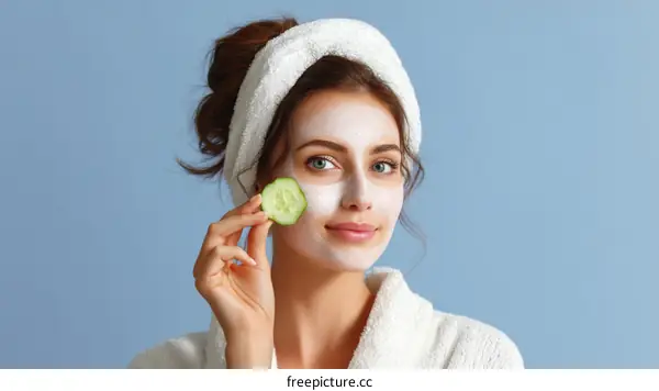 Woman Applying Face Mask with Cucumber Slice