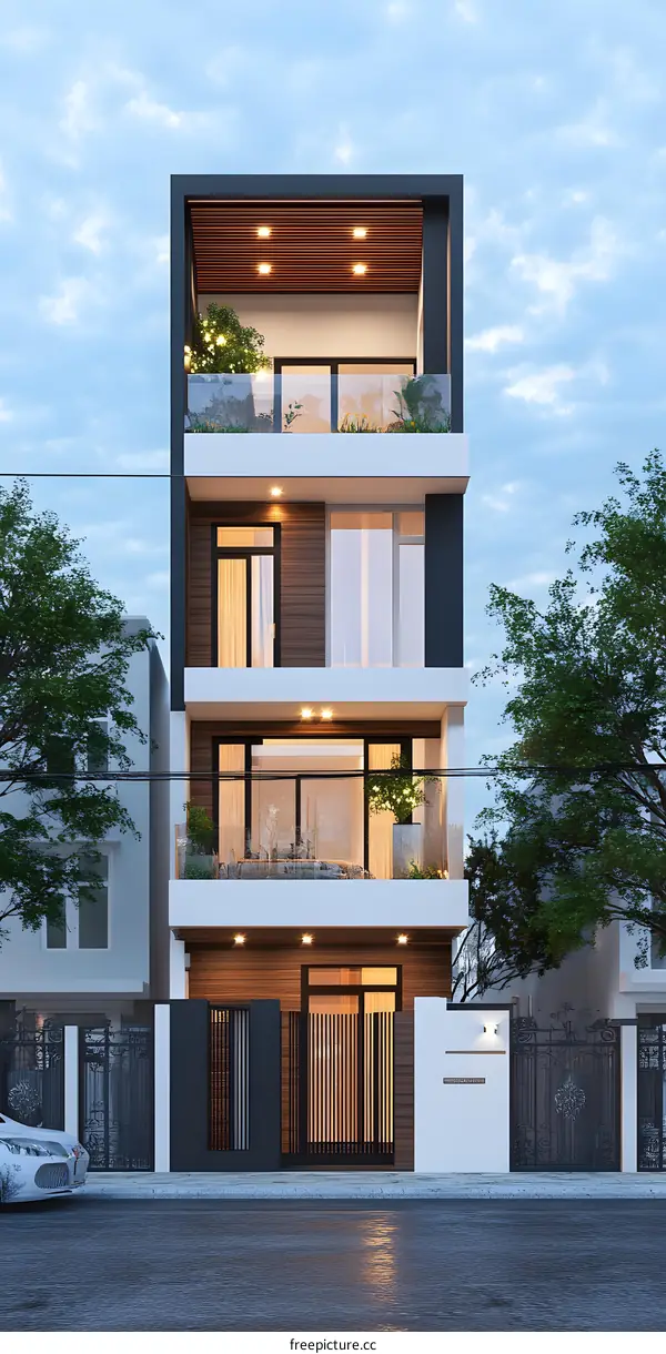 Modern House with Wooden Paneling and Balconies