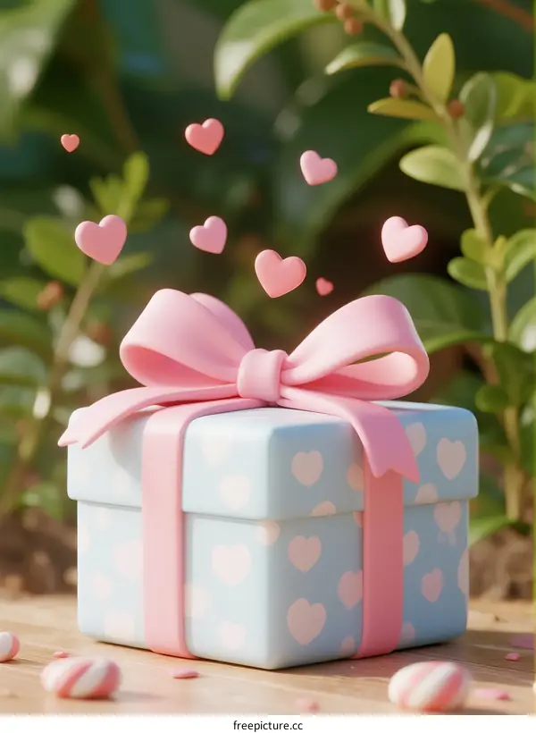 A light blue gift box with pink bow and floating hearts