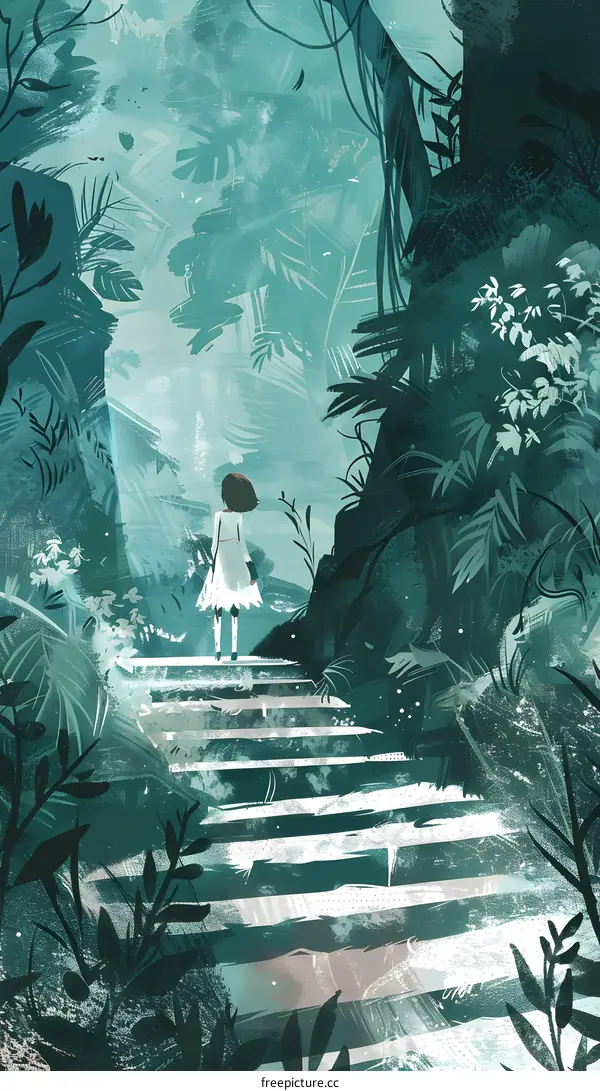 Woman in White Dress Walking Up Stairs in a Jungle