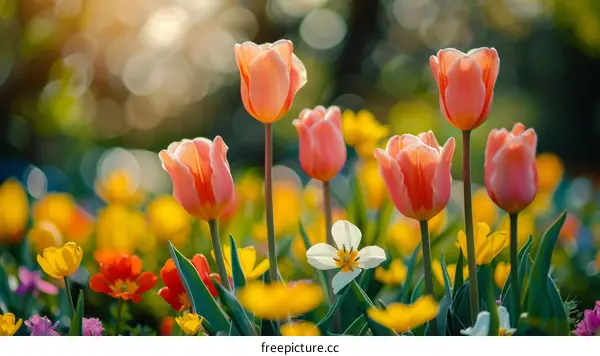 Close-up of a field of tulips in bloom