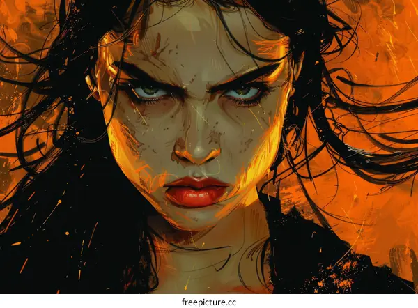 Portrait of a determined young woman with dark hair and red lips