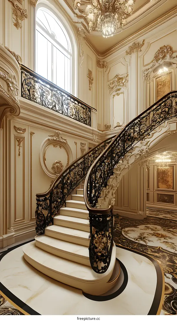 Elegant White Marble Staircase with Black Iron Railing in a Luxurious Home