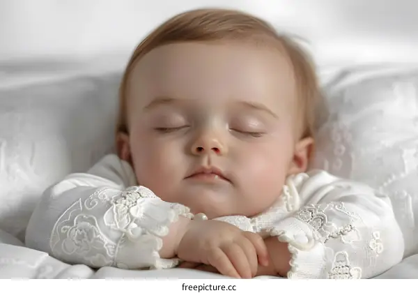 An adorable baby girl sleeping soundly in a white blanket