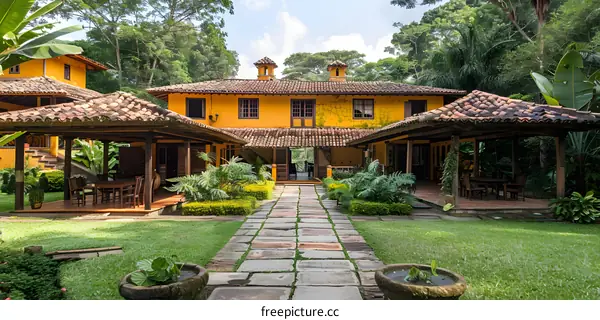 Yellow Colonial House with Patio and Stone Pathway