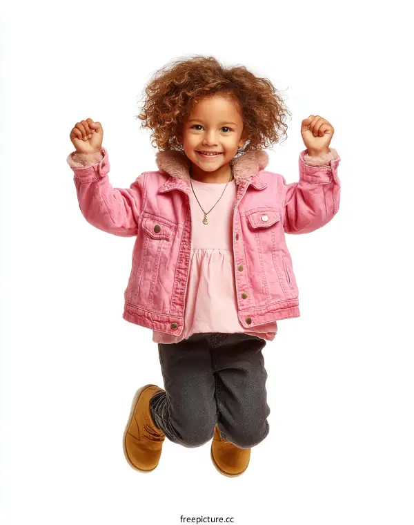 Joyful Little Girl Jumping in Pink Outfit