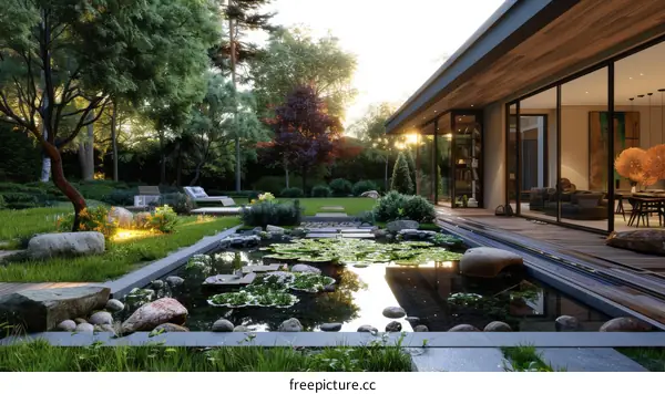 Courtyard with a pond and a seating area