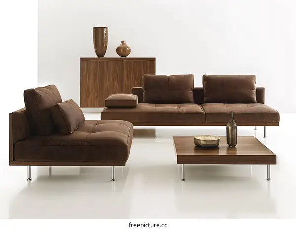 Modern Brown Sofa and Coffee Table in a Minimalist Living Room