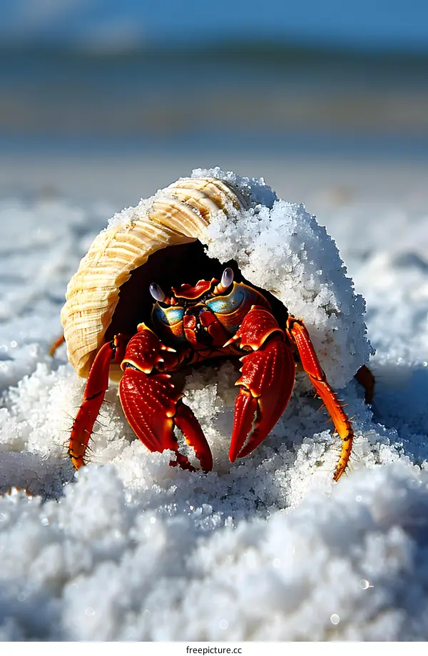 A red crab is hiding in a white shell on the beach