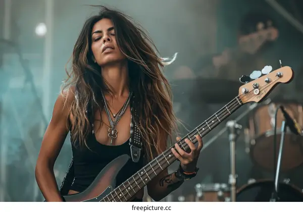A woman playing bass guitar on stage