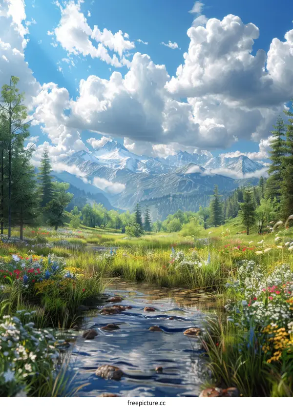 Mountain Valley Meadow Scenic Illustration