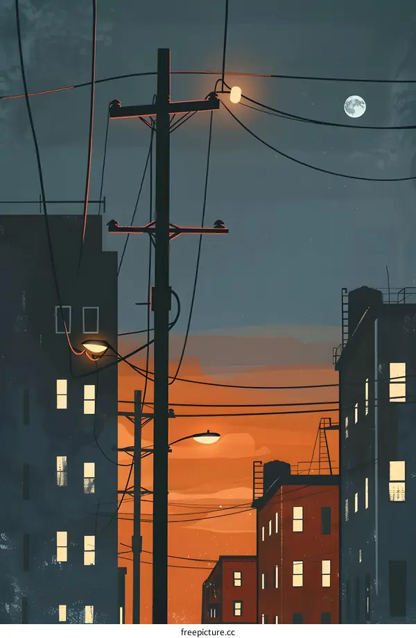 Cityscape at Night with Power Lines and Buildings