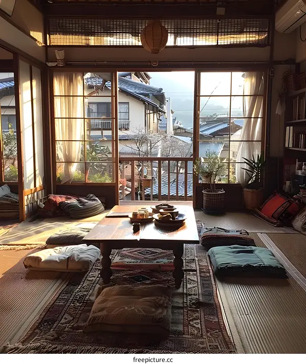 Traditional Japanese Living Room with Tatami Mat Floor and View