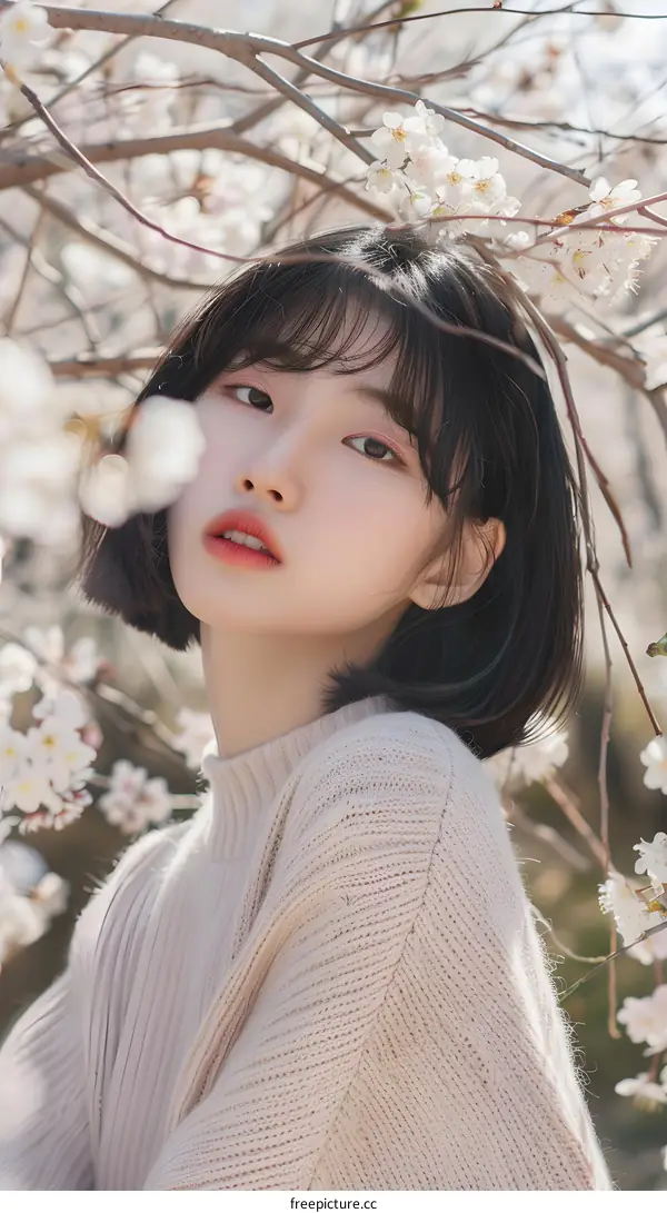 Asian Woman With Short Black Hair Posing With Pink Flowers