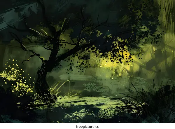 Dark Forest Painting Abstract Green Nature Illustration