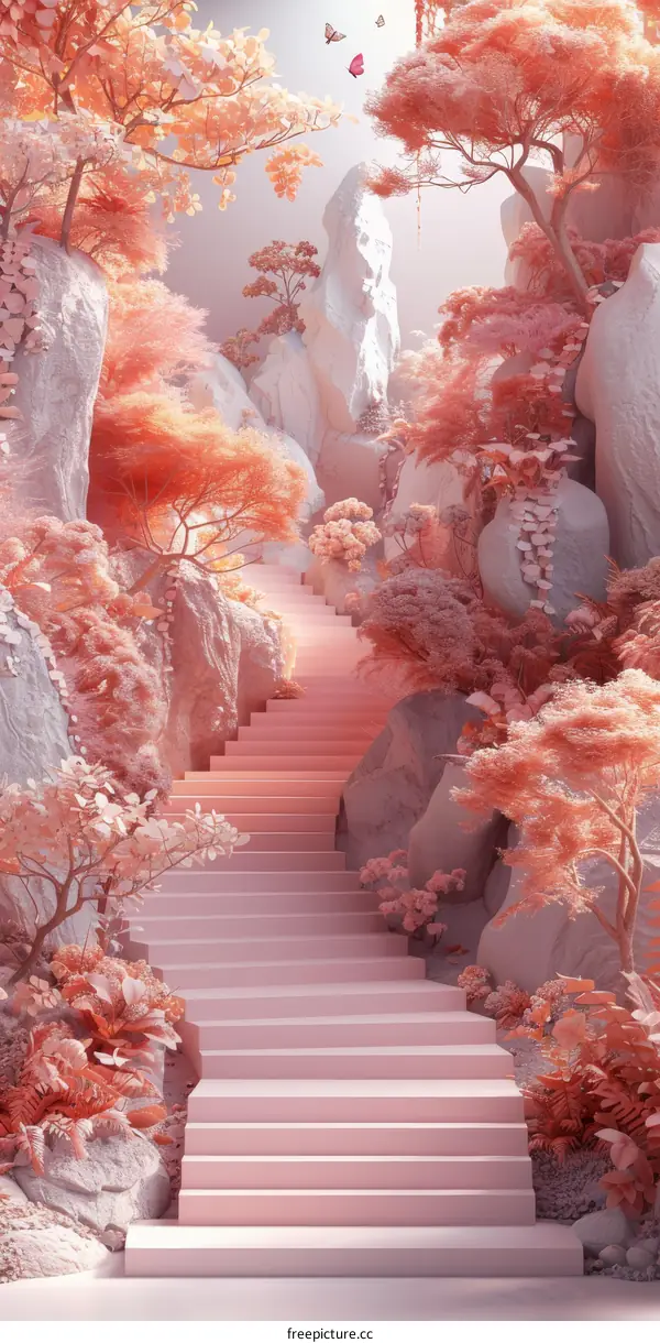 Pink Fantasy Staircase Pathway Through a Magical Forest