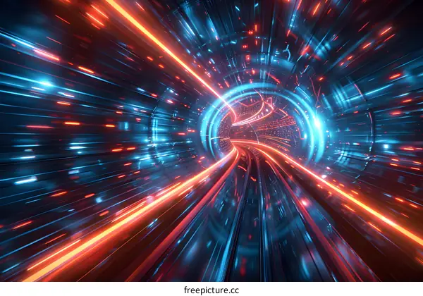 Abstract Digital Tunnel with Blue and Red Light Trails