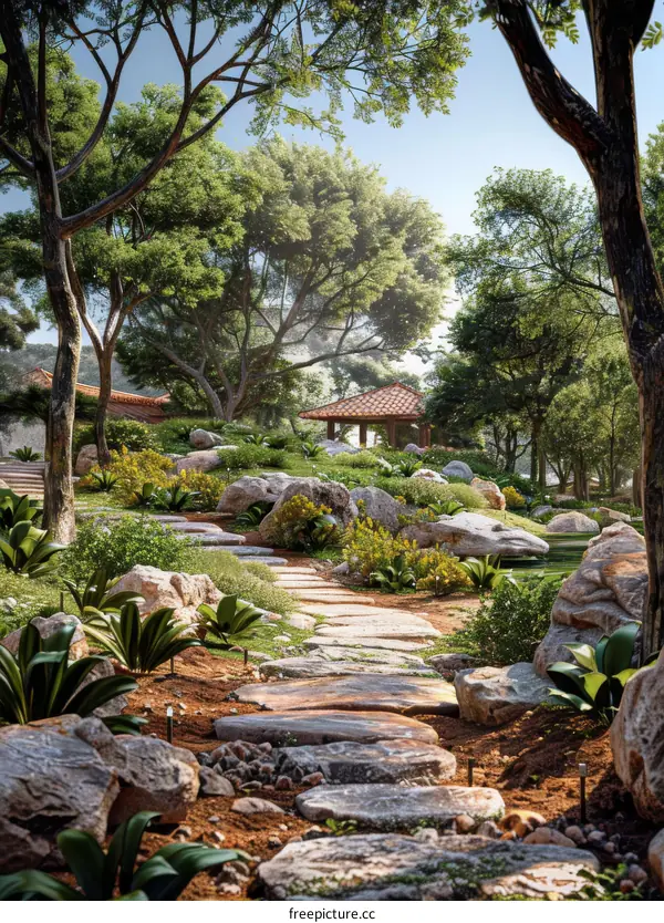 Serene Garden Path with Large Rocks