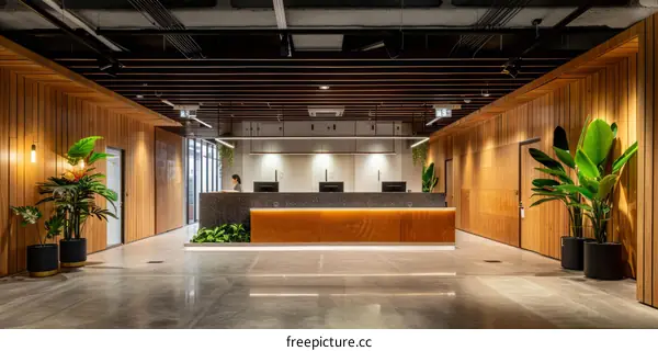 Modern office lobby interior design with wood and plants