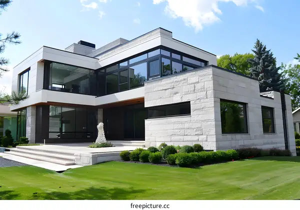 Modern White and Grey House with Large Windows