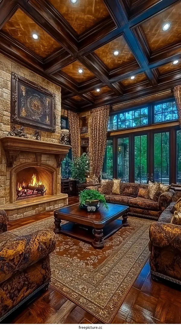 Luxurious Living Room with Ornate Wooden Ceiling
