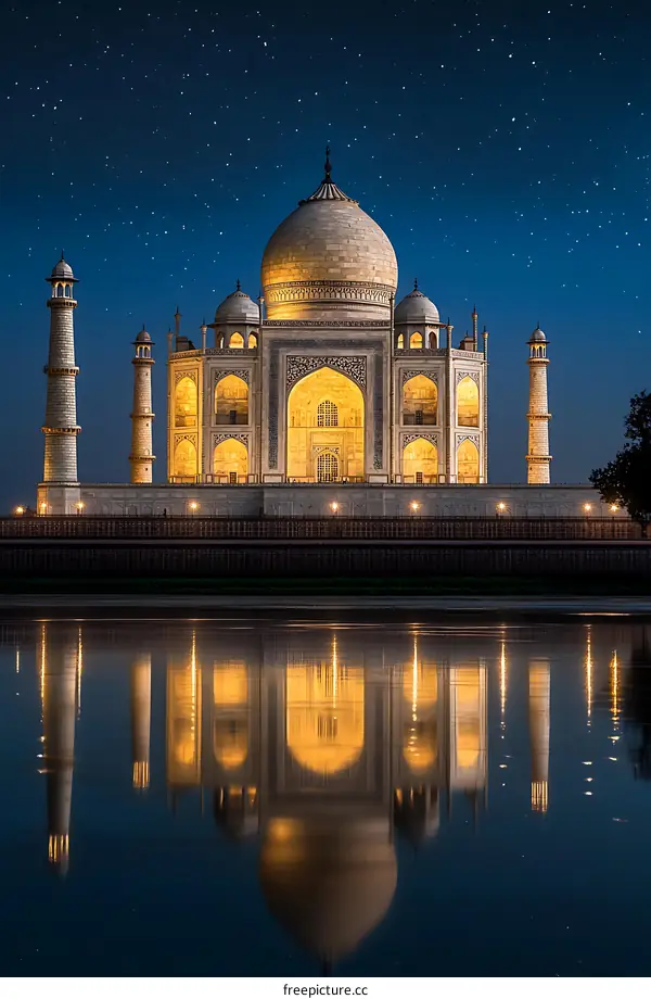 Taj Mahal Night View with Reflection in Water
