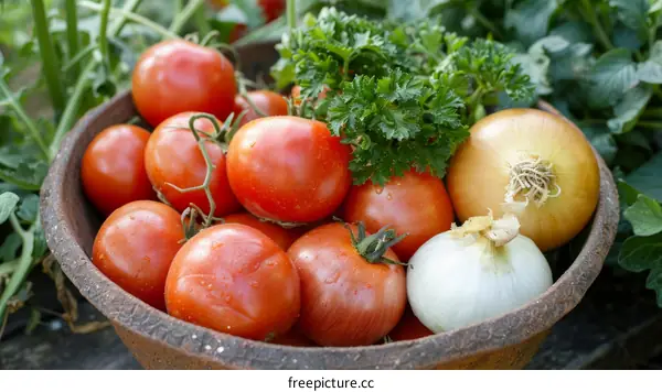 A bowl of fresh organic vegetables including tomatoes, onions and parsley