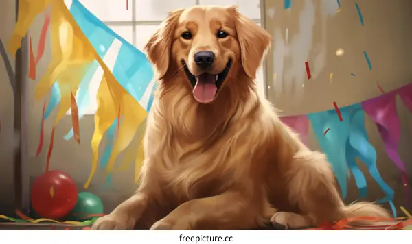 A Golden Retriever sits in a room decorated with colorful streamers and balloons